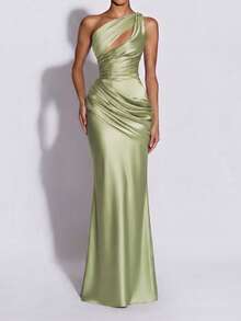 Robe élégante et sexy à une épaule avec découpes, robe d'été plissée longue et dos nu à la mode, robe de soirée vert foncé pour femmes - Vert - Voir 7