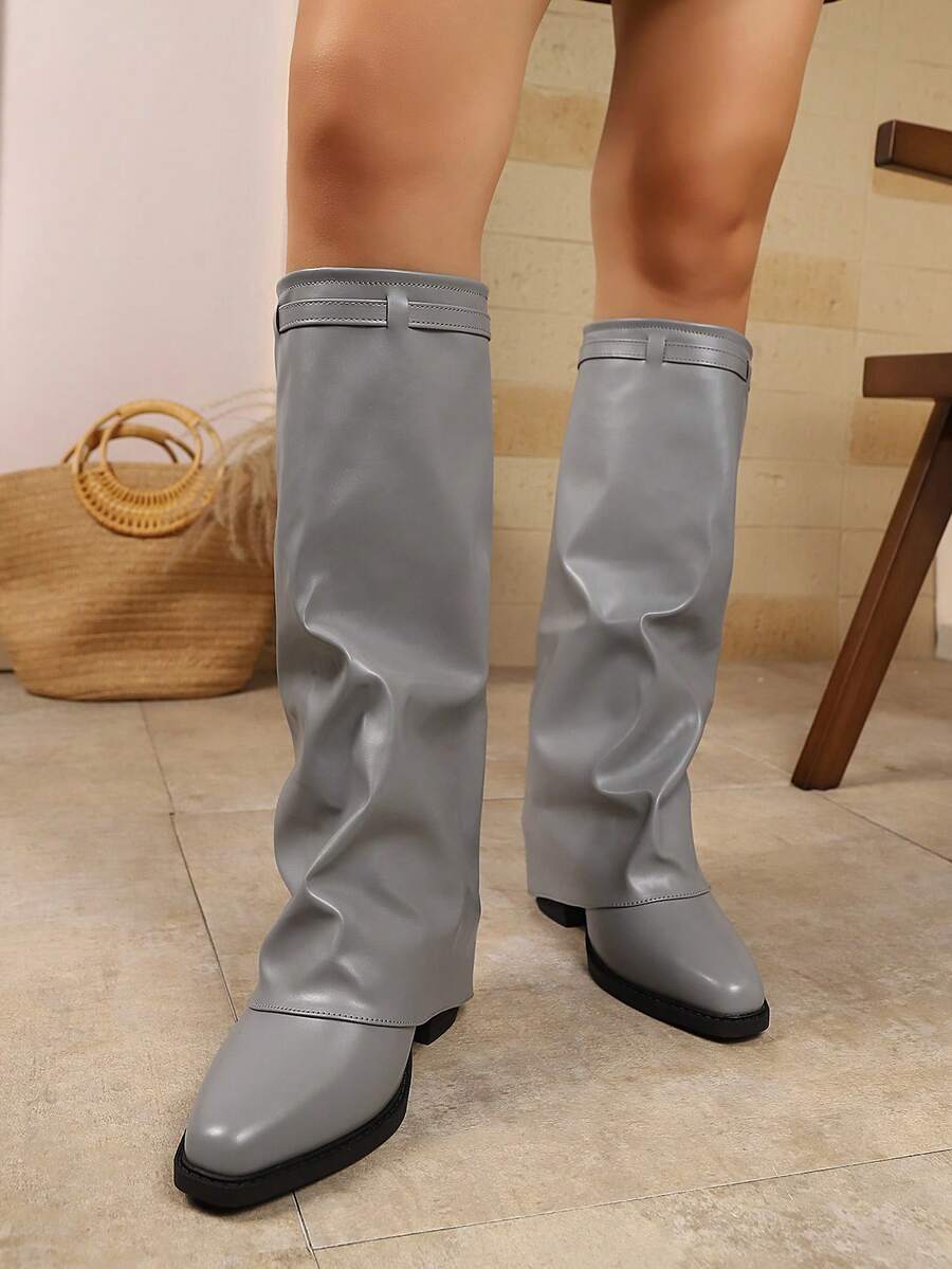 Women's Rivet Trim Cuffed Tall Boots, Metal Buckle Slouchy Knight Boots, Flat Western Style Slimming High-Top Boots - Grey - View 1