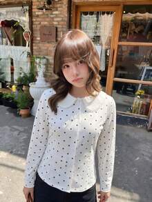 Women's Sweet Chic Fall Polka Dot White Blouse, Peter Pan Collar Button Down Long Sleeve Slim Fit Top For School, Date, Outings - White - View 5