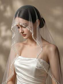 1Pc Teardrop Faux Pearl Tassel Bridal Veil White Tulle Short Wedding Veil For Bride Wedding Photo Shoot Headpiece - White - View 2
