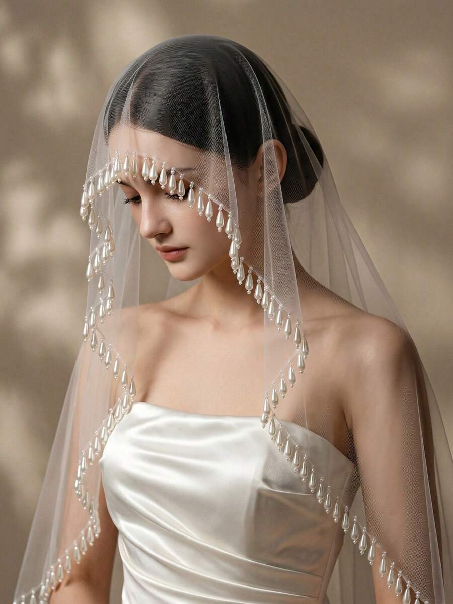 1Pc Teardrop Faux Pearl Tassel Bridal Veil White Tulle Short Wedding Veil For Bride Wedding Photo Shoot Headpiece
