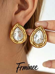 Frminee 1 Pair Luxury Women's Gold Stainless Steel Teardrop Earrings, 18K Gold Plated Fade-Resistant Classic Minimalist Elegant Earrings Suitable For Daily Wear Or Party, Jewelry Accessory, Summer Beach Vacation, Travel, Women's Daily Decoration, Outfit Matching, Date, Party And Other Occasions, Anniversary And Other Holiday Gifts For Female Friends - Multicolor - View 3