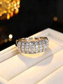 1pc Exquisite Wide Multi-Layer Pave Cubic Zirconia Ring, Luxury Heavy-Duty Finger Ring, Versatile Sparkling Hand Accessory For Banquet - Ring - View 7