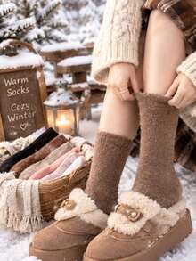 Solid Color Fluffy Fuzzy Women Winter Socks Soft Warm Plush Mid Calf Socks Comfortable Sleeping Home Socks - Multicolor - View 2