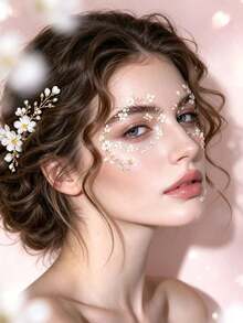 1pc Fresh Floral Face Decoration Sticker, Pale Pink & White 3D Small Flower & Leaf English Element, Self-Adhesive Glue-Free Face Makeup Sticker, Spring Party Photography Stage Makeup Atmosphere Face Embellishment Decoration Sticker - Multicolor - View 3