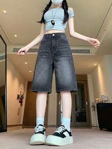 Quần short denim nữ cạp cao mặc nhà hàng ngày mùa hè, màu trơn, denim giặt wash vân râu mèo - Xám - Xem 4