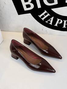 BIGTREE European And American Minimalist Pointed Toe Chunky Heel Pumps, Versatile Low Vamp Slip-On Comfortable Commute Mid-Heel High Heels For Women - Burgundy - View 3