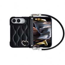 keshengtai PU Leather Wavy Heart Phone Case With Hinge Protection, Includes 1 Carrying Strap, Hard PC Back Plate Phone Cover, Compatible With IPhone Duo - Black - View 7