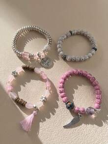 4pcs Angel Wing Pendant Tassel Multi-Layer Stackable Bracelet Set, Vintage Beaded Women's Atmospheric Jewelry - Pink - View 5