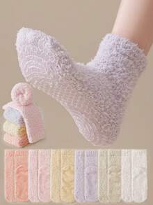 1/3/6 Pasang Kaos Kaki Wanita Multi-Warna Tebal Berlapisan Bulu Domba, Kaos Kaki Selop Rumah yang Hangat, Kaos Kaki Tidur Anti Selip, Desain Sederhana, Musim Gugur/Musim Dingin - MultiWarna - View 4