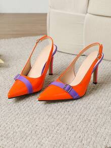 Pointed-Toe Open-Back Stiletto Heels, Color-Blocked Buckle Embellished Fashionable Dress Shoes, Women's Party Evening High Heels. - Orange - View 7