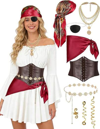 Women Pirate Costume Set Halloween Dress Outfit With Accessories