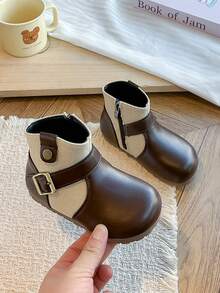 Girls' Vintage Colorblock Canvas Ankle Boots, Metal Buckle Round Toe Side Zipper Ankle Boots, British Retro Style Autumn Student Shoes - Brown - View 5