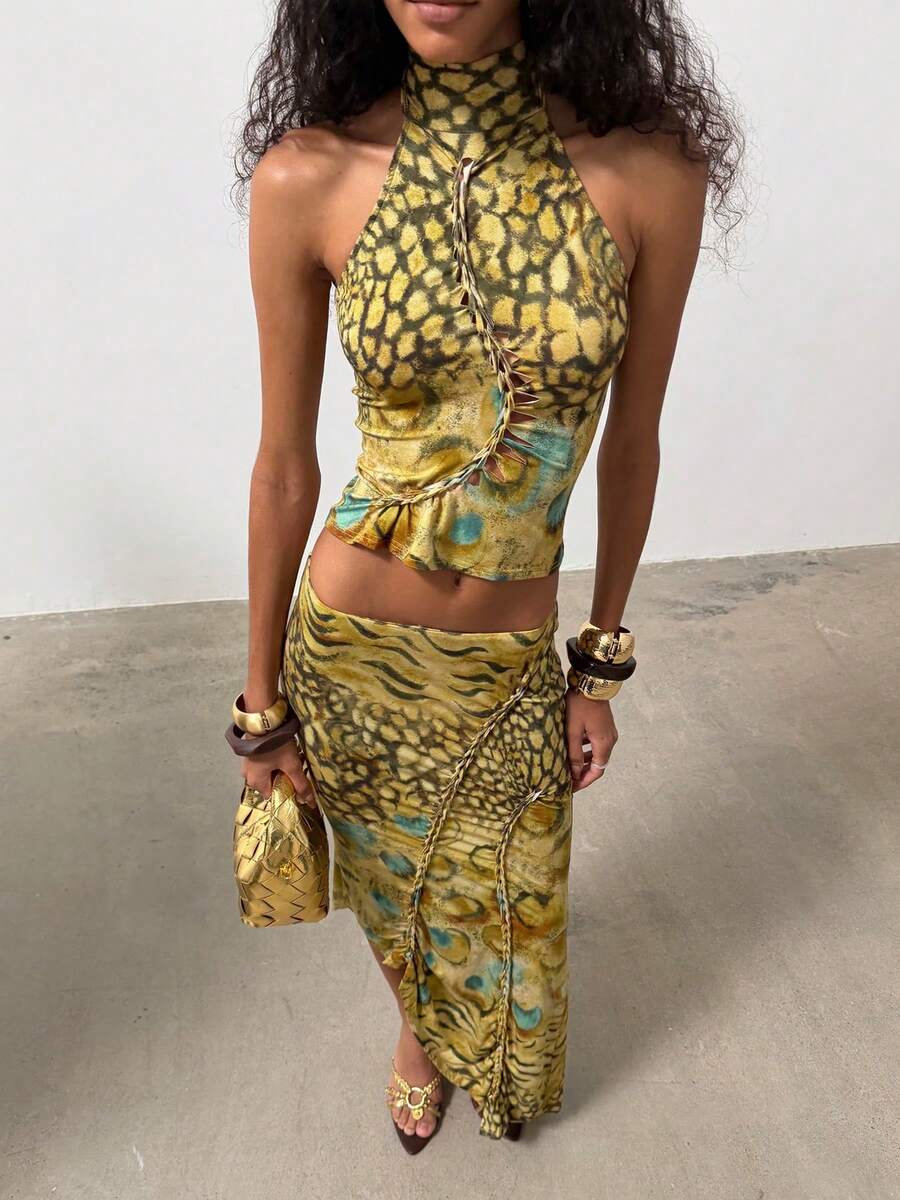 Chic Women's Cheetah Print Halter Two Pieces Outfit With Maxi Skirt, Sexy Bodycon Ensemble For Parties & Special Occasions, Medium Stretch - Green - View 1