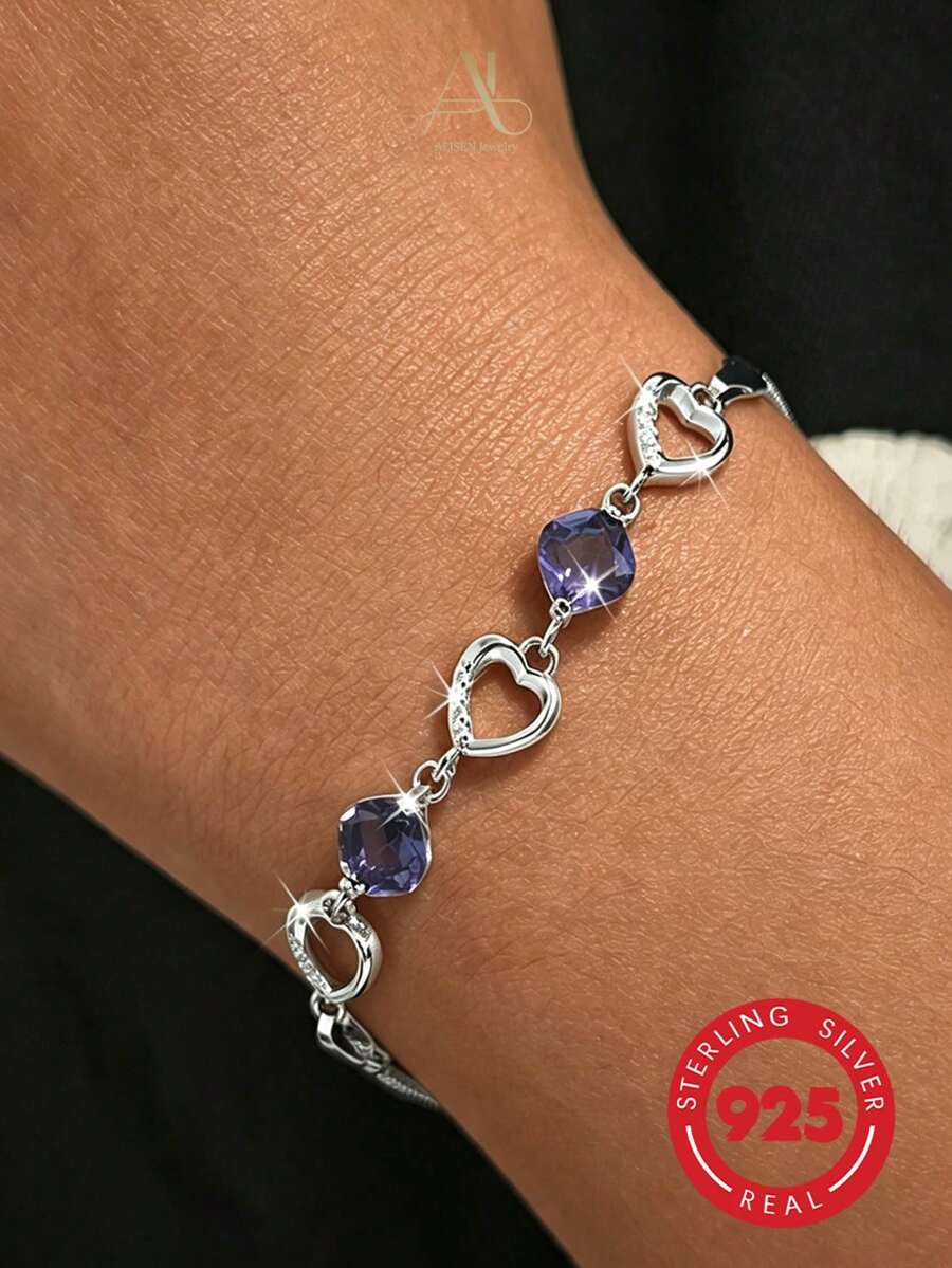 1pc Romantic Purple Style 925 Silver Square Amethyst Hollow Heart Rhinestone Snake Chain Bracelet, Suitable For Women's Daily And Date Wear - Silver - View 1