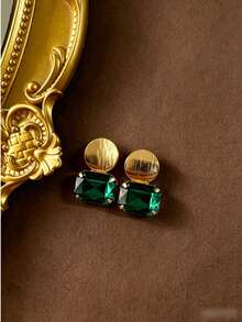 1 Pair Fashionable Luxury Vintage Brushed Round Disc Shiny Square Rhinestone Inlaid High-End Minimalist Versatile Earrings - Round and Square Earrings - View 4