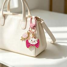 1/3/5pcs Cute Disney Marie Cat Enamel Bag Charm, Pink Bow Cat Keychain With Heart-Shaped Lollipop Pendant, Suitable For Girls - G - View 3