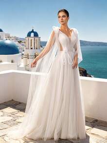 HEARBOBO Long Elegant V-Neck Wedding Dress With Mesh Fabric, Appliques, And Sheer Detailing, Ideal For A Boho Or Party Bridal Look - White - View 6