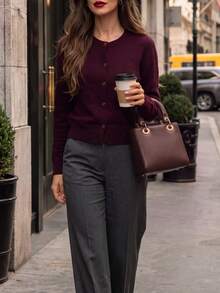 DONICY Women's Burgundy Round Neck Single Breasted Cropped Knit Cardigan Sweater, Spring/Autumn Casual & Office Wear Winter - Burgundy - View 8