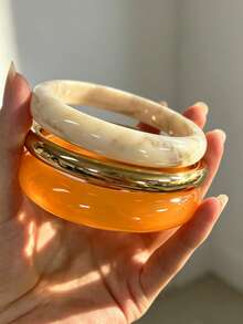 3pcs/Multi-Piece Stackable Fashion Minimalist Elegant Exquisite Vintage Design White & Orange Resin Geometric Asymmetrical Marbled Pattern CCB Metal Style Round Bangles Set, Holiday Vacation Party Date Gift, Daily Commute Wear, Personalized - Multicolor - View 6