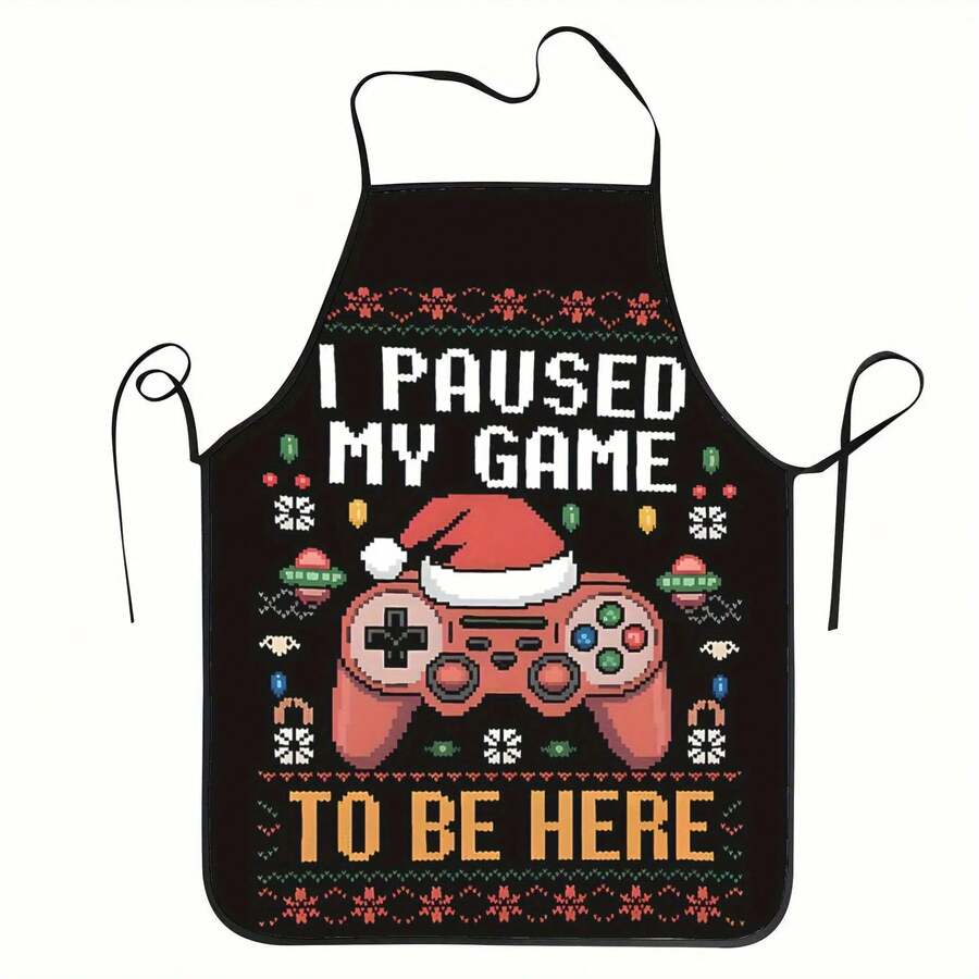1pc Kitchen Apron, Black Pixel Game Controller Fun Text Print Household Apron For Cooking Baking Themed Dinner Gathering - Multicolor - View 1