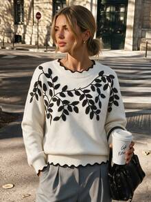 Women's Vintage Pullover Sweater, Black Leaf Embroidery With Fan-Shaped Trim, Long Sleeve Regular Fit, Suitable For Autumn/Winter Wear - Apricot - View 3