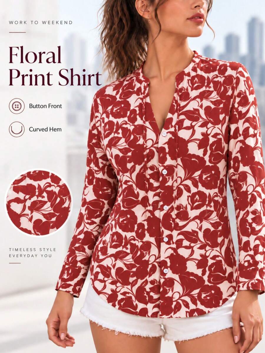 Women's Red Floral Print Button Front Blouse, Long Sleeve V Neck Shirt With Curved Hem For Work And Weekend Wear - Red - View 1