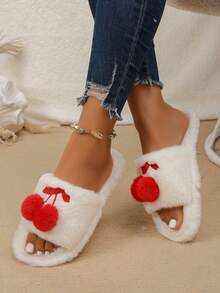 1 Pair Cherry Pom Pom Decor Plush Slippers Women Autumn/Winter Cute Open Toe Fuzzy Cotton House Slippers - White - View 5