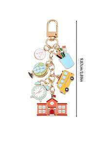 Back To School Themed Enamel Keychain,Initial Letter Bag Charm With School Bus Globe Alarm Clock Pencil Holder Pendant,Gift For Student Teacher,Halloween Christmas - Multicolor - View 11