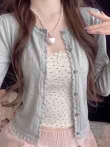 秋冬新款韓式甜美休閒女款針織開襟外套，溫柔風鏤空荷葉邊修身顯瘦長袖夾克/毛衣，百搭日常通勤 - 灰色 - 查看 1