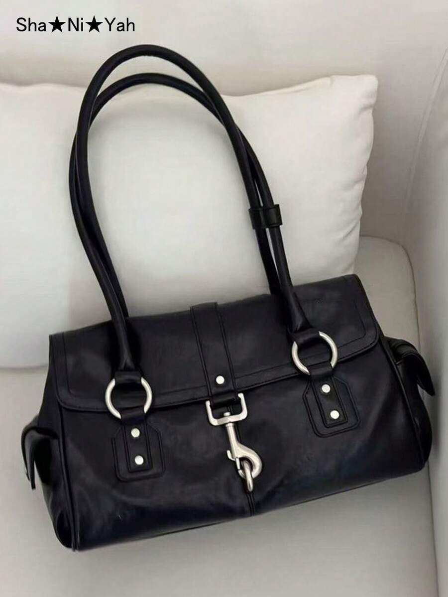2026 New Korean-Style Niche Women's Vintage Distressed Versatile Motorcycle Style Handbag Shoulder Bag With Metal Buckle Underarm Bag (No Accessories Included) - Black - View 1