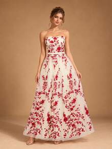 VIPGIRL Elegant Strapless Long Dress For Women, Decorated With Red Floral Embroidery, Flared Mesh Fabric, Formal Evening Gown, Perfect For Balls. - Apricot - View 6