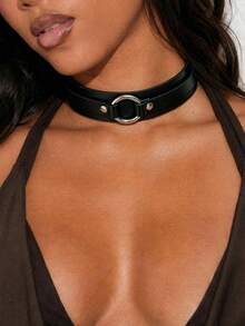 1pc Women's Punk Style PU Leather Choker Necklace, Suitable For Halloween And Daily Commute - Black - View 2