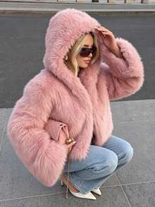 Faux Fur Hooded Winter Jacket, Loose Short Coat, Casual Street Style Winter Outfit, Pink - Pink - View 3