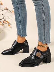 Women's Black Patent Leather Buckle Decor Chunky Heel Pumps, Pointed Toe Slip-On High Heels, Vintage Commute Elegant Loafers - Black - View 3