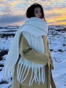 1pc 35*180cm Premium Fashion Elegant Solid Color Tassel Wool Scarf For Women, Autumn/Winter Casual Windproof Shawl, Suitable For Daily Wear - Milky White - View 3