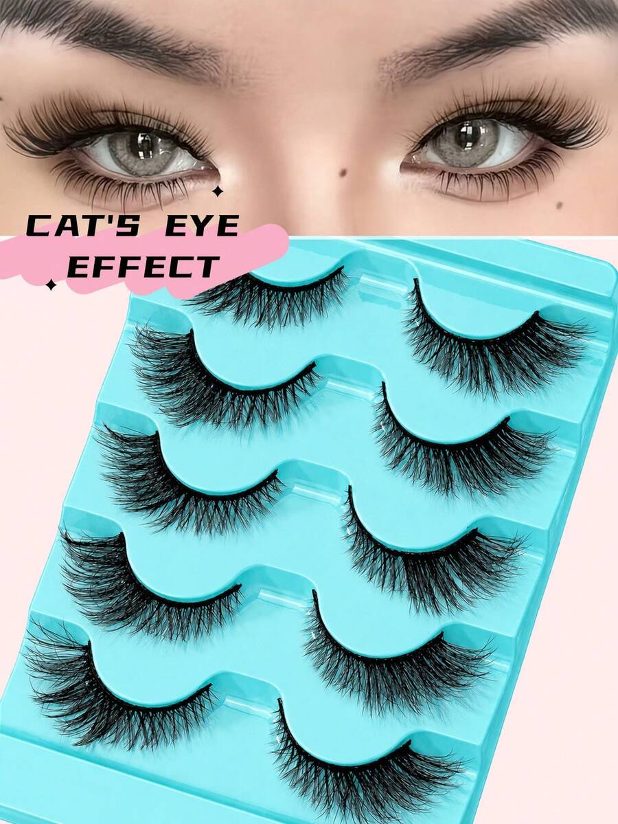 5 Pairs Cat Eye 3D Faux Mink-Style False Eyelashes, Soft Wispy Full Strip Lashes, Natural-Looking Lightweight Eyelashes For Everyday Makeup, Eye-Enhancing Beauty Lashes For Women - View 1