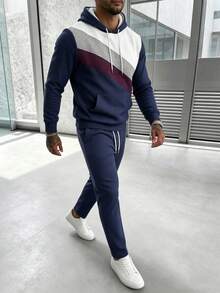 Men's Business Color Block Hoodie And Pants Set - Multicolor - View 2