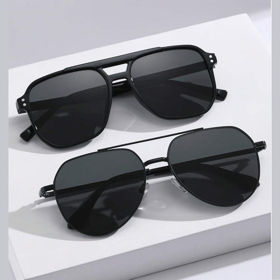 Men's Double Bridge Retro Aviator Decorative Glasses Set, 2 Different Frame Styles, Daily Street Style Travel Commute Outfit Accessory