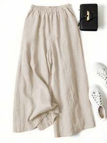 Women's Solid Color Casual Wide Leg Pants With Front Pocket Decor, Suitable For Autumn/Winter, Commuting, Halloween, Christmas - Khaki - View 3