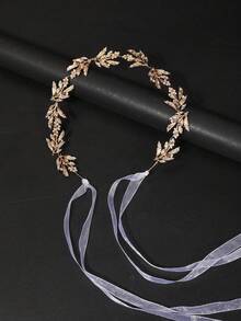 1pc Elegant Gold Leaf Rhinestone Bridal Headband Fairy Style Ribbon Tie Hair Accessory For Wedding Party - Gold - View 8