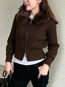 Women's Ribbed Knit Cardigan, Faux Fur Collar Long Sleeve Full Zip Sweater, Autumn/Winter Fashion Style - Brown - View 5