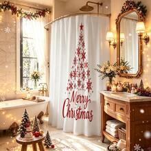 1pc Christmas Tree Shower Curtain, Vintage Design, Waterproof Bath Curtain, Suitable For Bathtub Partition, Bathroom Decor And Bathroom Accessories, Home Decor Gift, Includes 12 Hooks - Multicolor - View 2
