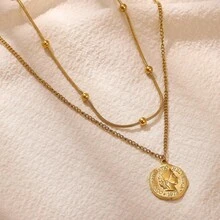 1pc Stainless Steel Asymmetrical Human Portrait Coin Necklace, Ins Style Vintage Minimalist Clavicle Chain For Women - Yellow Gold - View 9