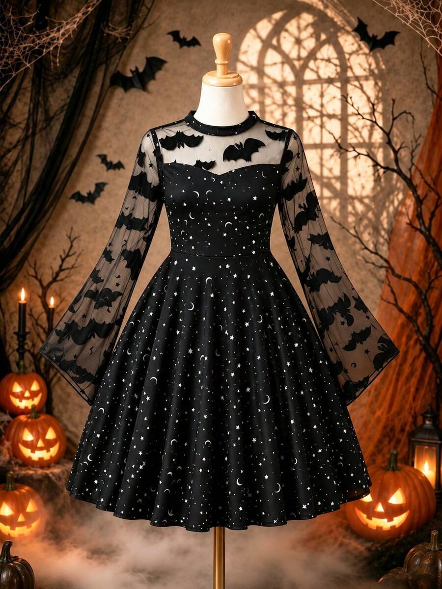 Halloween Girls Big Tween Girl Bat Print Asymmetrical Hem Dress With Small Stand Collar - Black - View 1