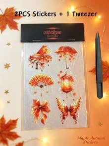 1pc/2pcs Pixel Style Autumn Maple Leaf Decorative Stickers, Warm Orange Piano Butterfly Lantern Pattern With Background, Comes With Tweezers, Suitable For Phone, Laptop, Camera, Card, Gift Bag, Gift Box, Water Cup And More - Pixel Autumn Style - View 8