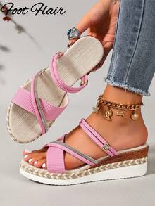 Foot Flair 大尺碼女款露趾厚底粉色涼鞋，舒適百搭海灘度假穿搭，夏季 - 粉色 - 查看 3