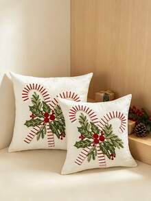 1PC Multicolor Christmas Candy Cane Canvas Pillowcase, Exquisite Embroidery Craftsmanship, Multiple Sizes Available, Pillow Insert Not Included, Suitable For Various Home Scenes, Machine Washable - Multicolor - View 7
