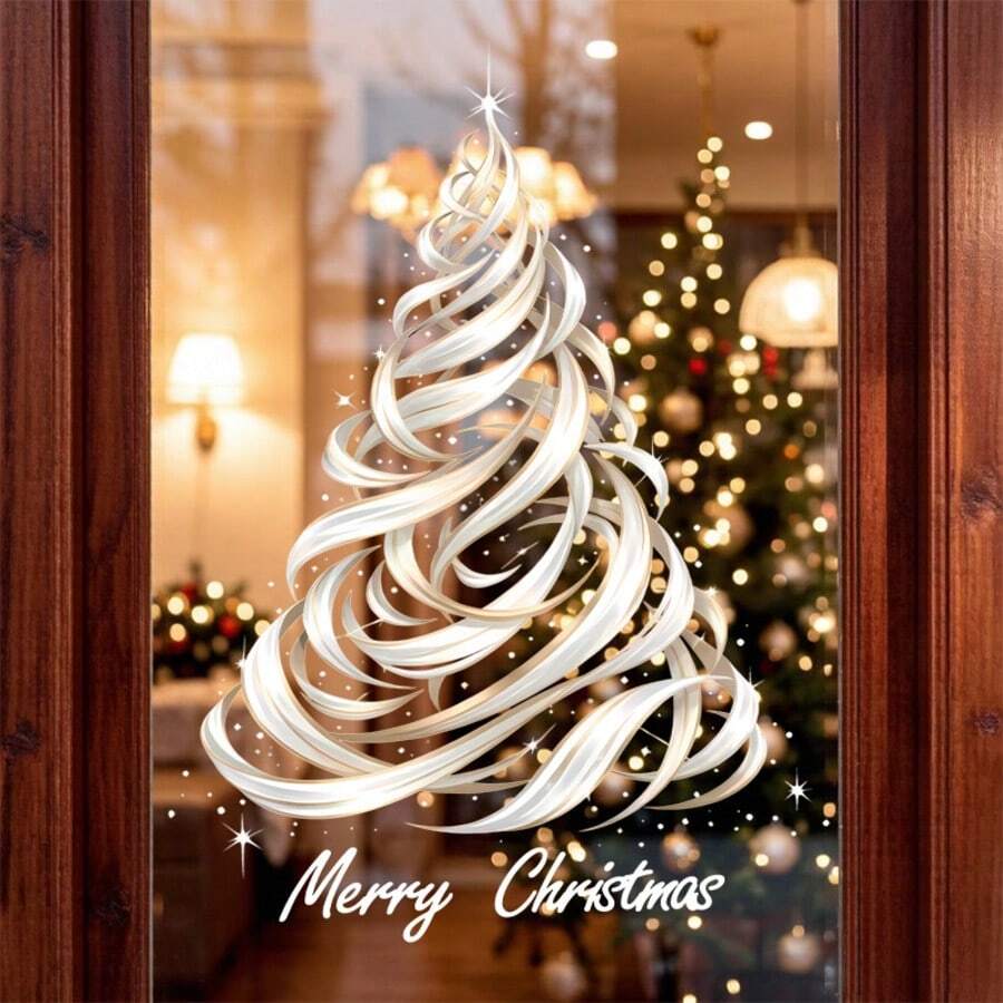 1pc Elegant Ribbon Christmas Tree Window Sticker, Merry Christmas Text With Sparkling Stars Static Window Decal, Single-Sided Printed Reusable PVC Glass Sticker For Indoor Windows, Modern Christmas Holiday Party Home Decor - Multicolor - View 1