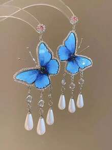 1 Pair Elegant Blue Butterfly Long Tassel Earrings, Versatile For Daily Wear - Blue - View 3